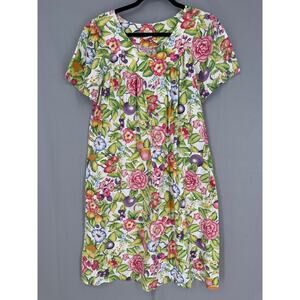 Vintage Dress Women Medium Fruit Print Floral Midi Cotton Summer Strawberry Rose